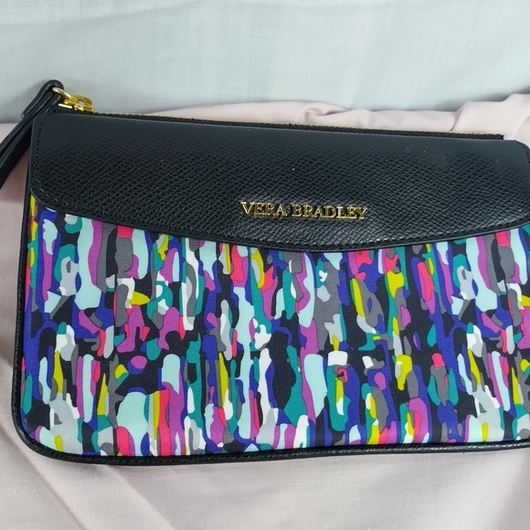 Vera Bradley Black Watercolor Brush Stroke Envelope Wristlet Wallet Clutch Zip - Picture 2 of 13